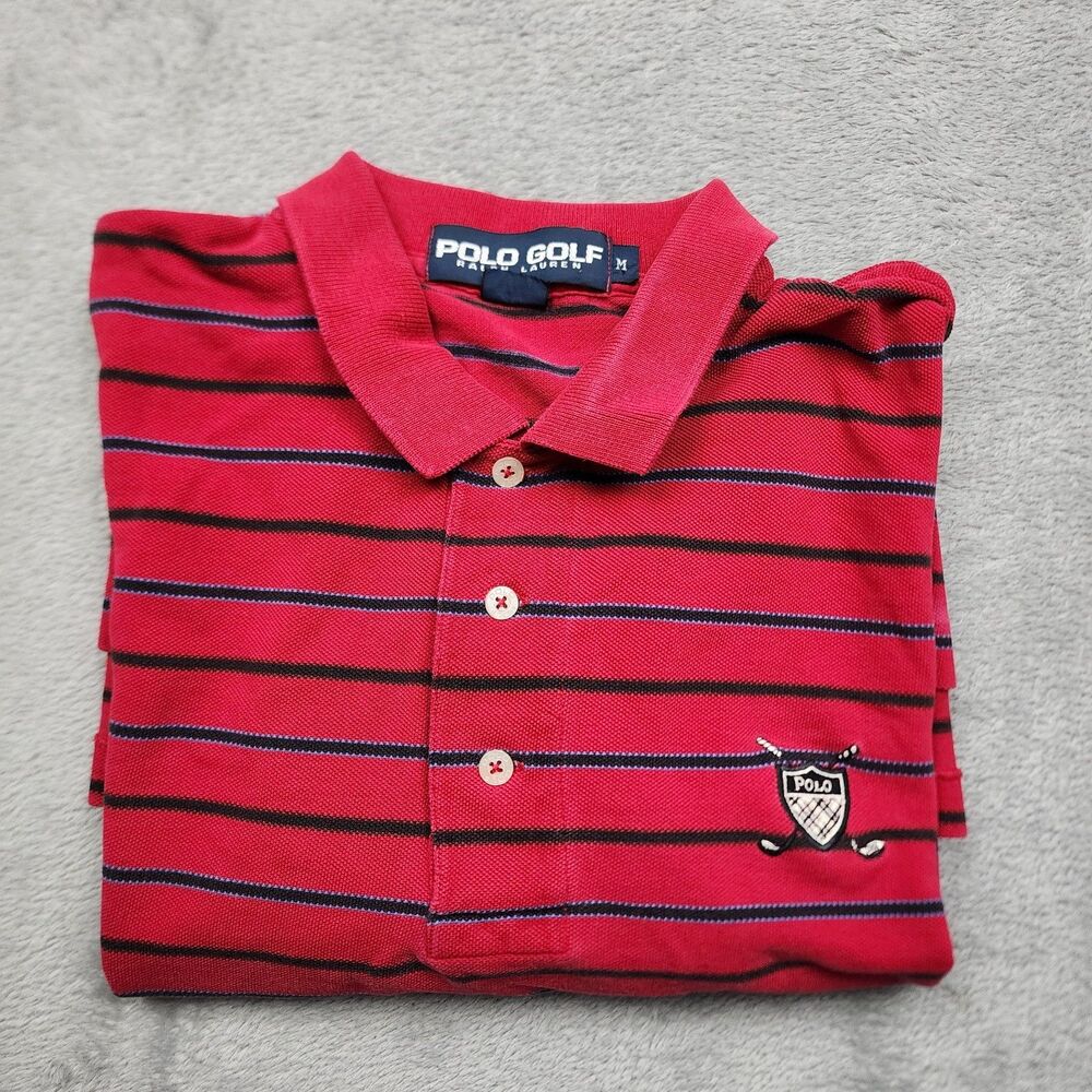 Ralph Lauren Polo Golf Mens M Red Striped Polo Shirt 100% Cotton Flaw Noted
